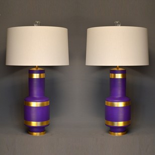 Pair Of Vintage Purple Gold Leaf Vase Lamps
